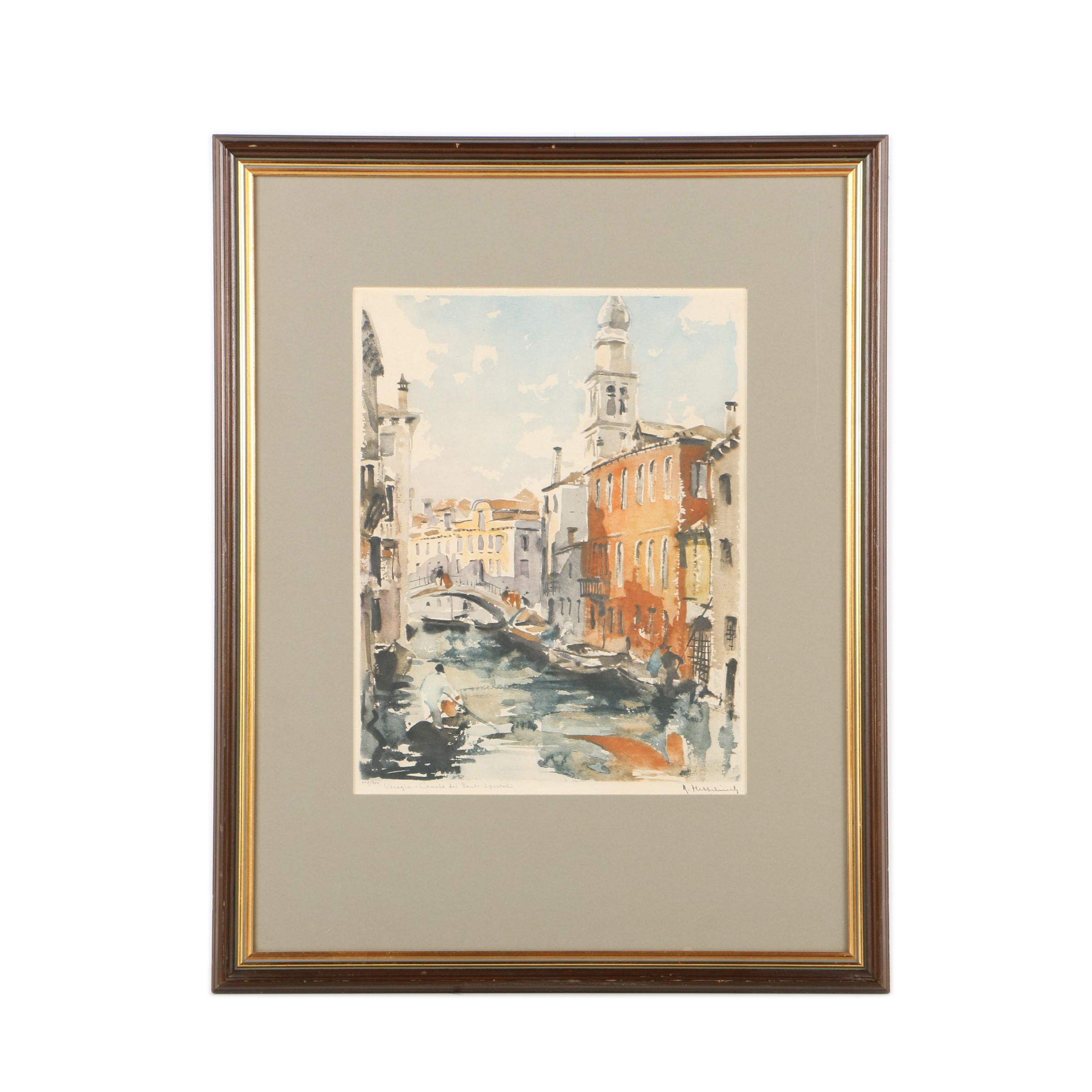 Roger Hebbelinck Limited Edition Lithograph "Venezia, Canale dei Santi Apostoli"