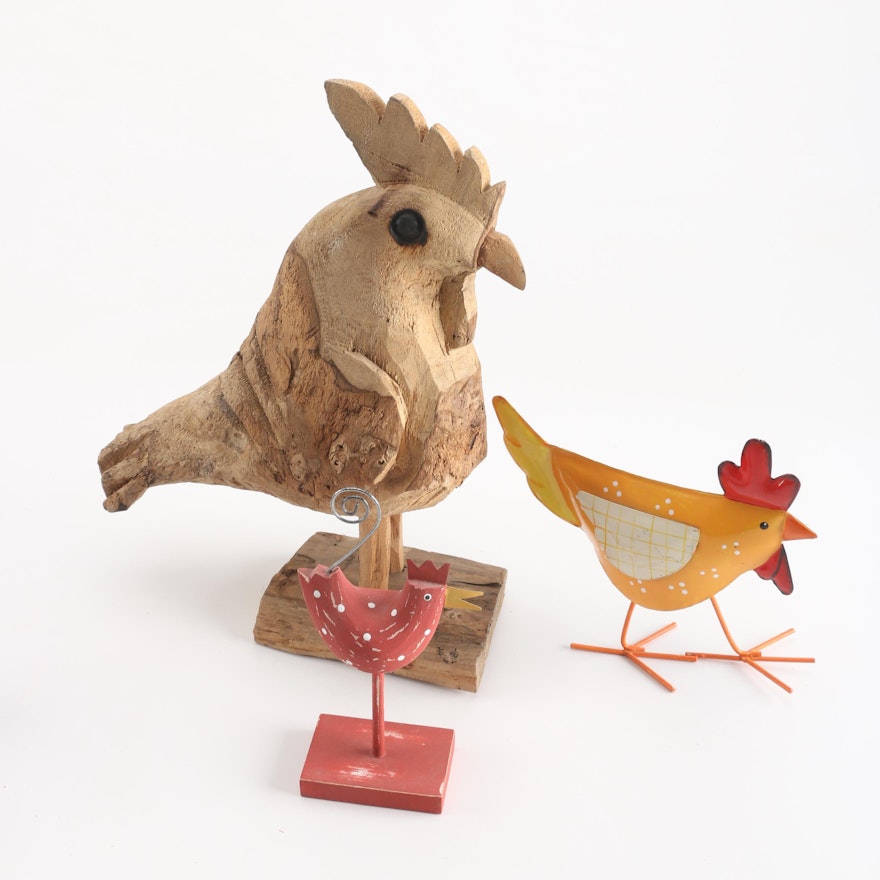 Wood and Metal Rooster Figurines
