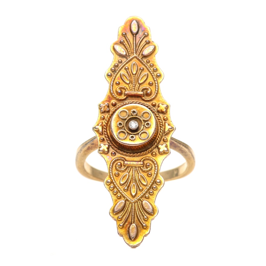 9K and 14K Yellow Gold Diamond Ring With Victorian Accents