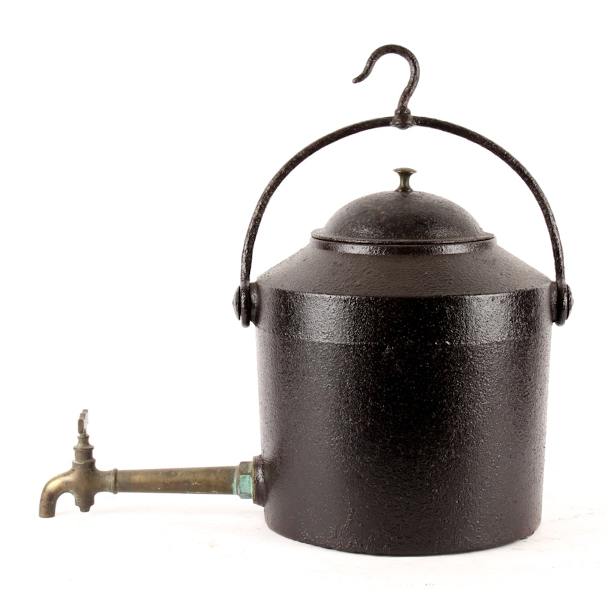 A. Kenrick and Sons Cast Iron Hearth Kettle with Brass Spigot