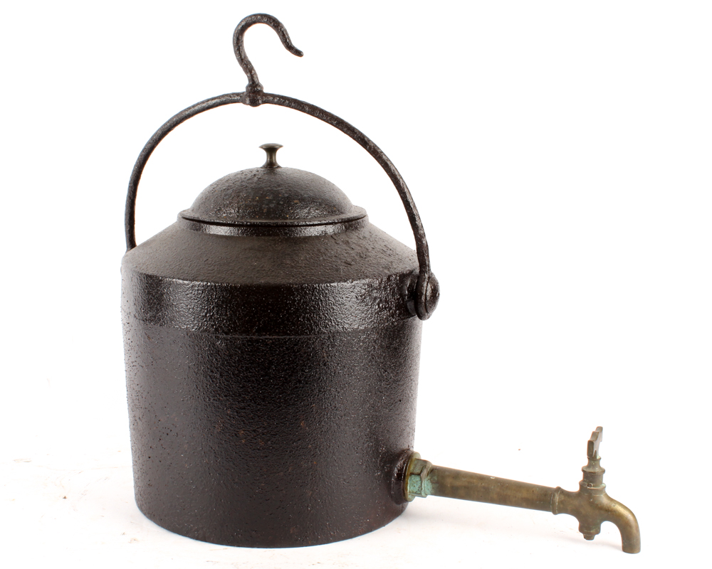 A. Kenrick and Sons Cast Iron Hearth Kettle with Brass Spigot