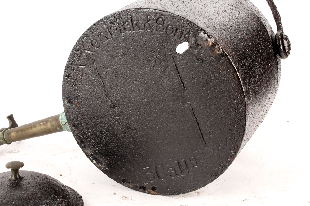 A. Kenrick and Sons Cast Iron Hearth Kettle with Brass Spigot