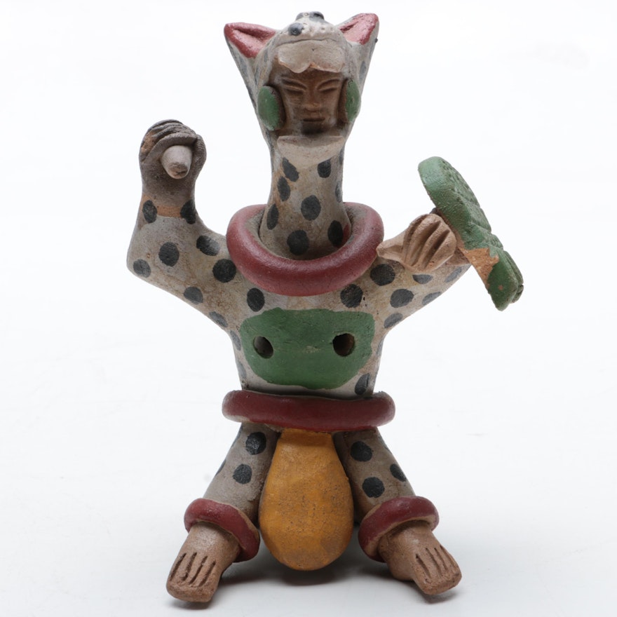 Aztec Inspired Jaguar Warrior Pottery Figurine