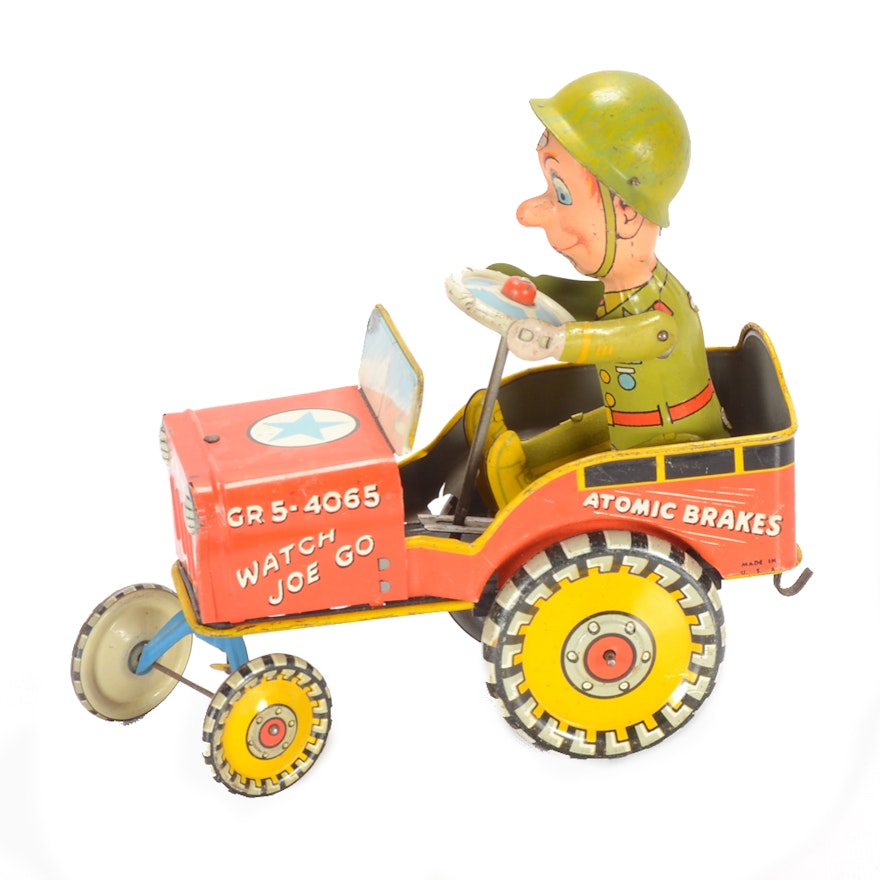 1950s "GI Joe Jouncing Jeep" Wind-Up Tin Toy