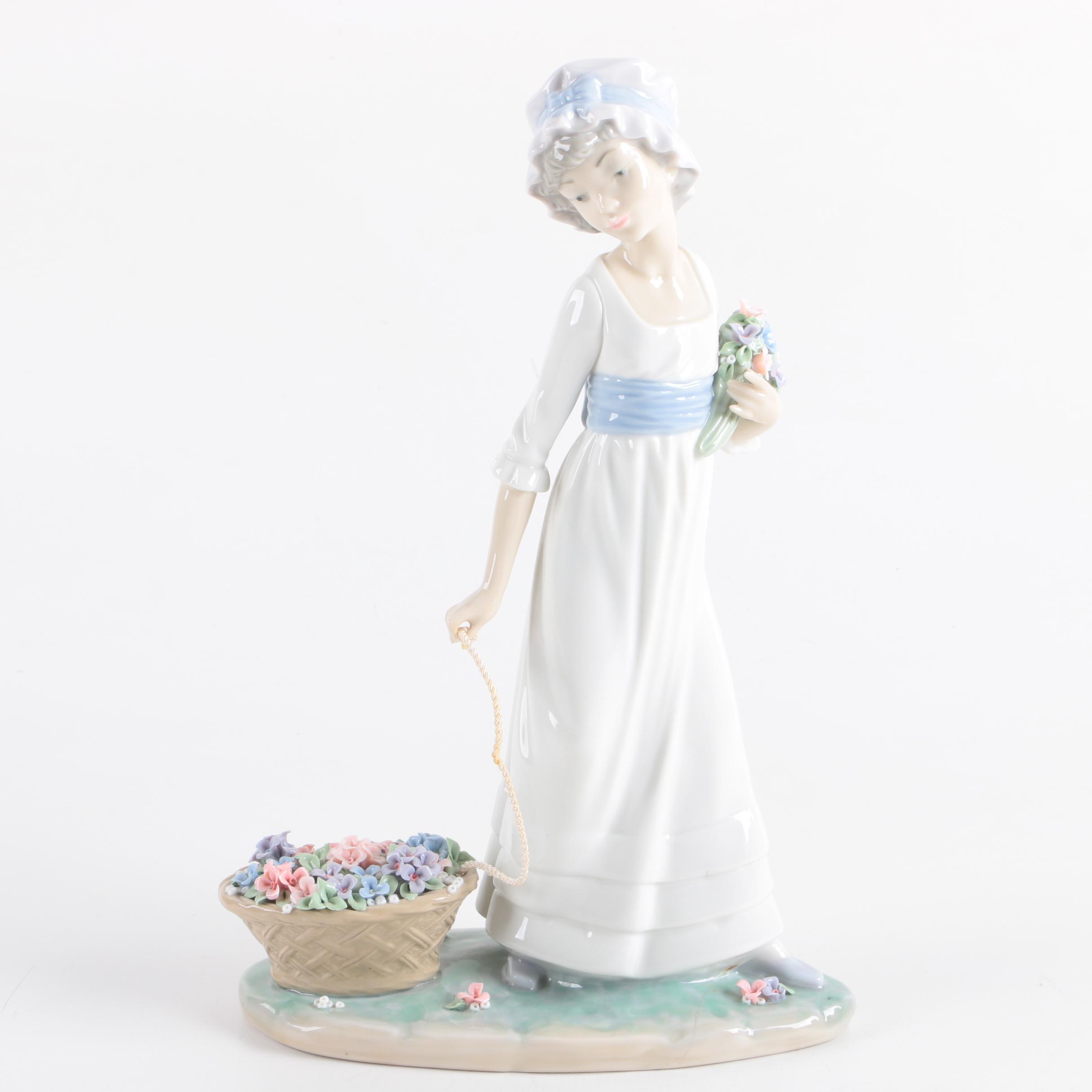 Lladro Porcelain Girl With Flower Basket Figurine