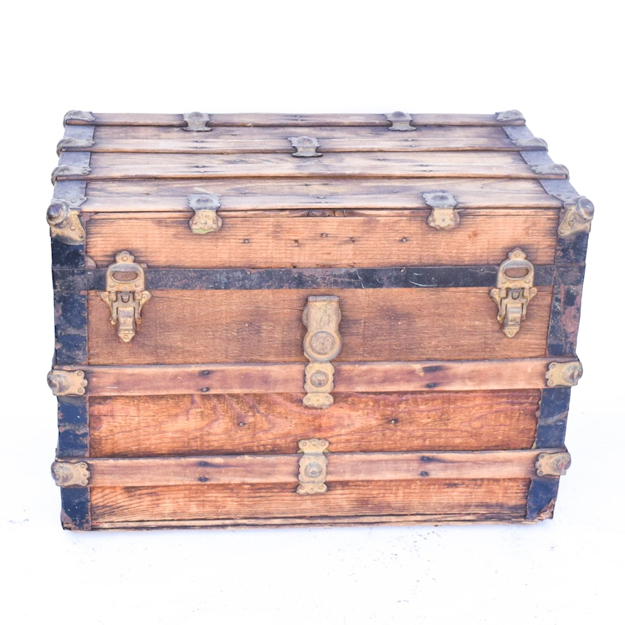 Antique Wooden Steamer Trunk With Leather Accents
