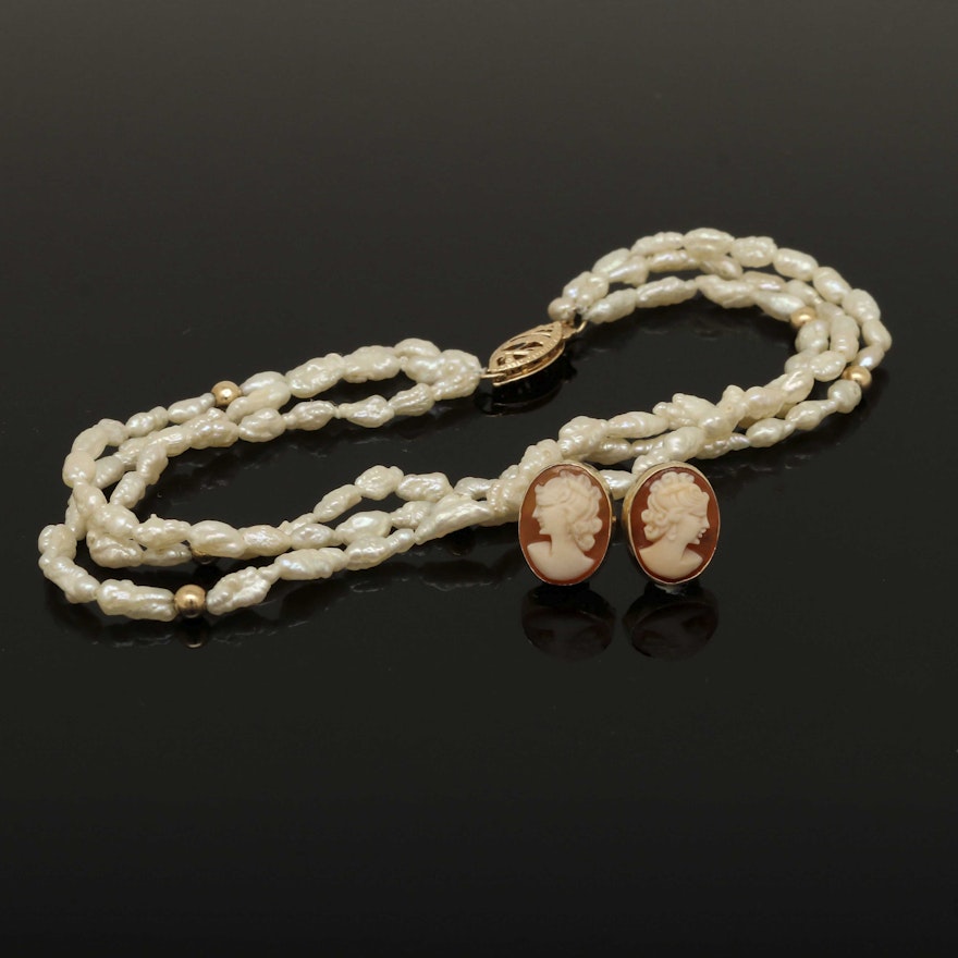 14K Yellow Gold Cameo Earrings and Cultured Pearl Bracelet