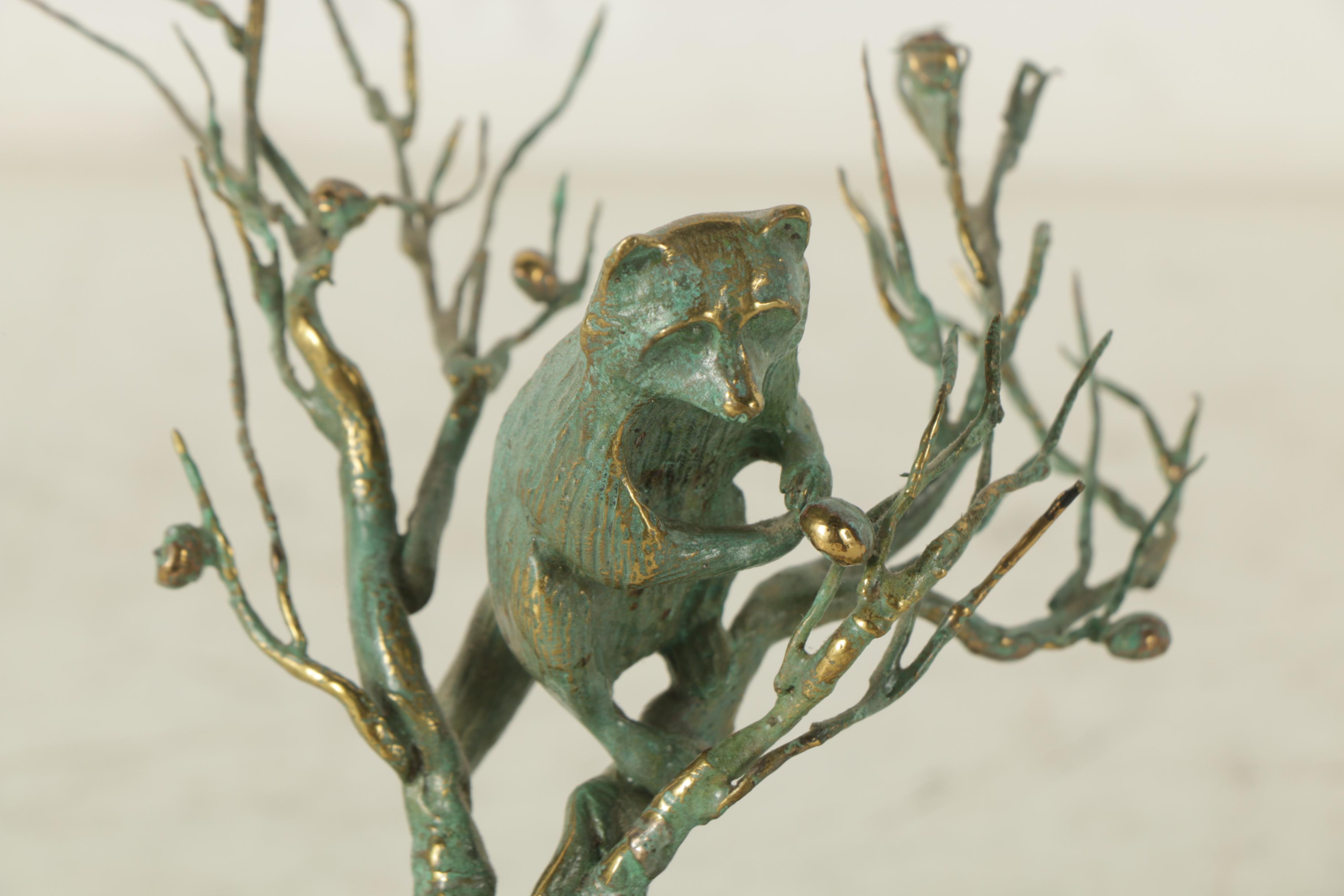 Gregory Higgins Limited Edition Brass and Stone Sculpture of a Raccoon in a Tree
