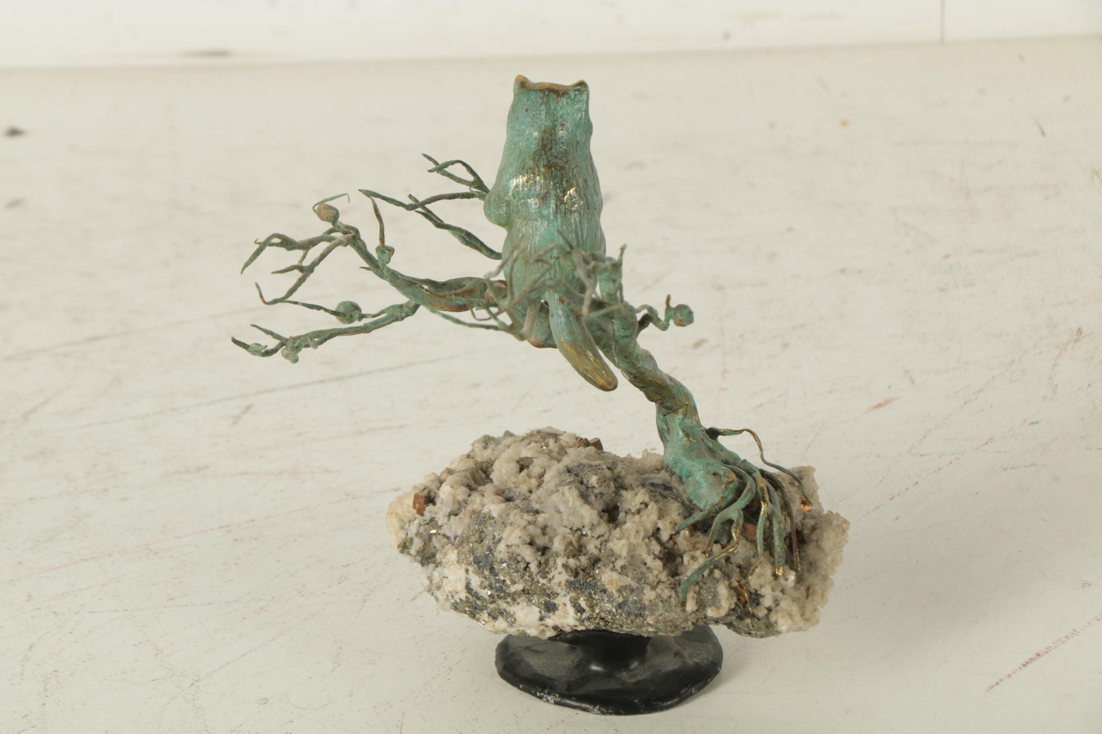 Gregory Higgins Limited Edition Brass and Stone Sculpture of a Raccoon in a Tree