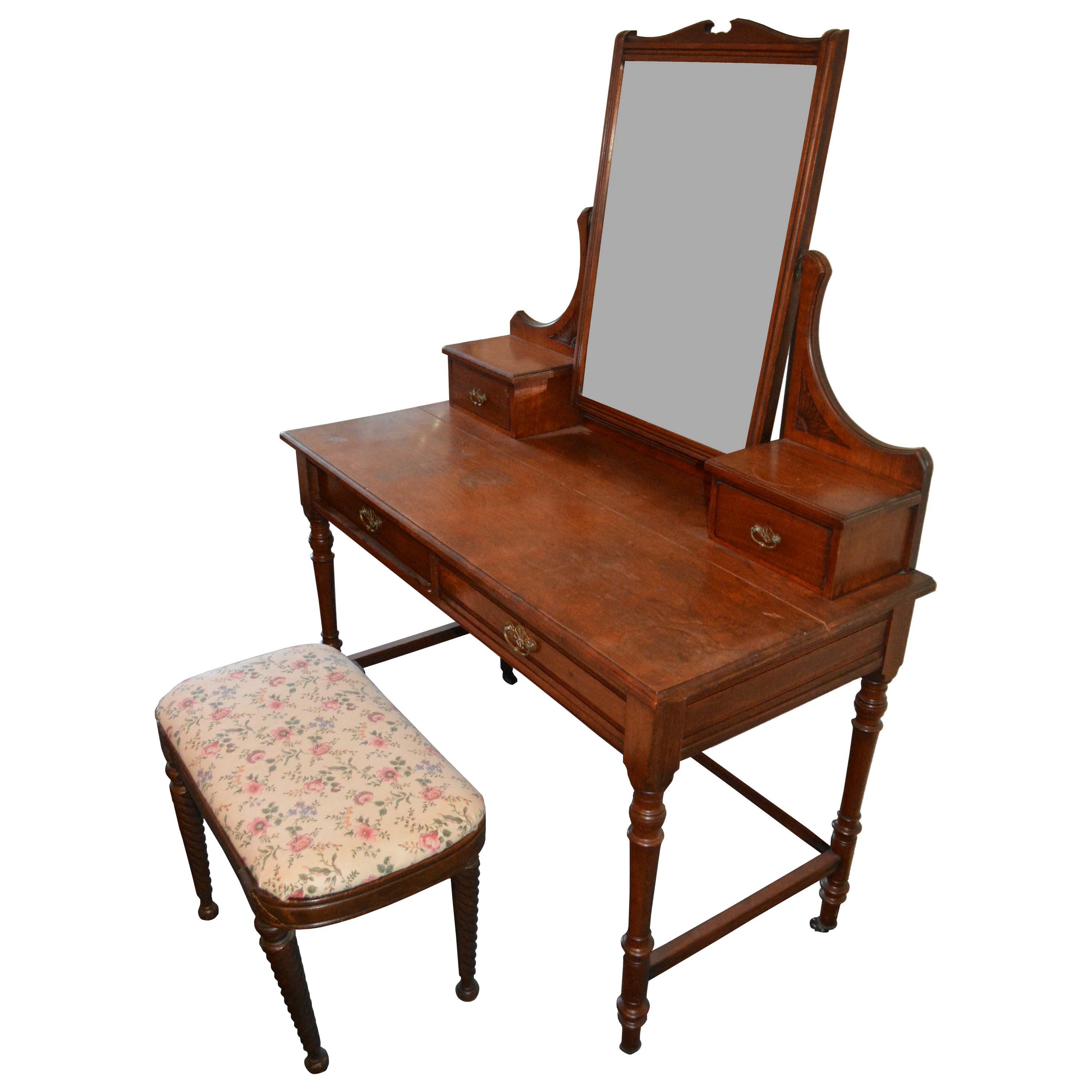 Antique English Victorian Walnut Dressing Table with Mirror and Stool