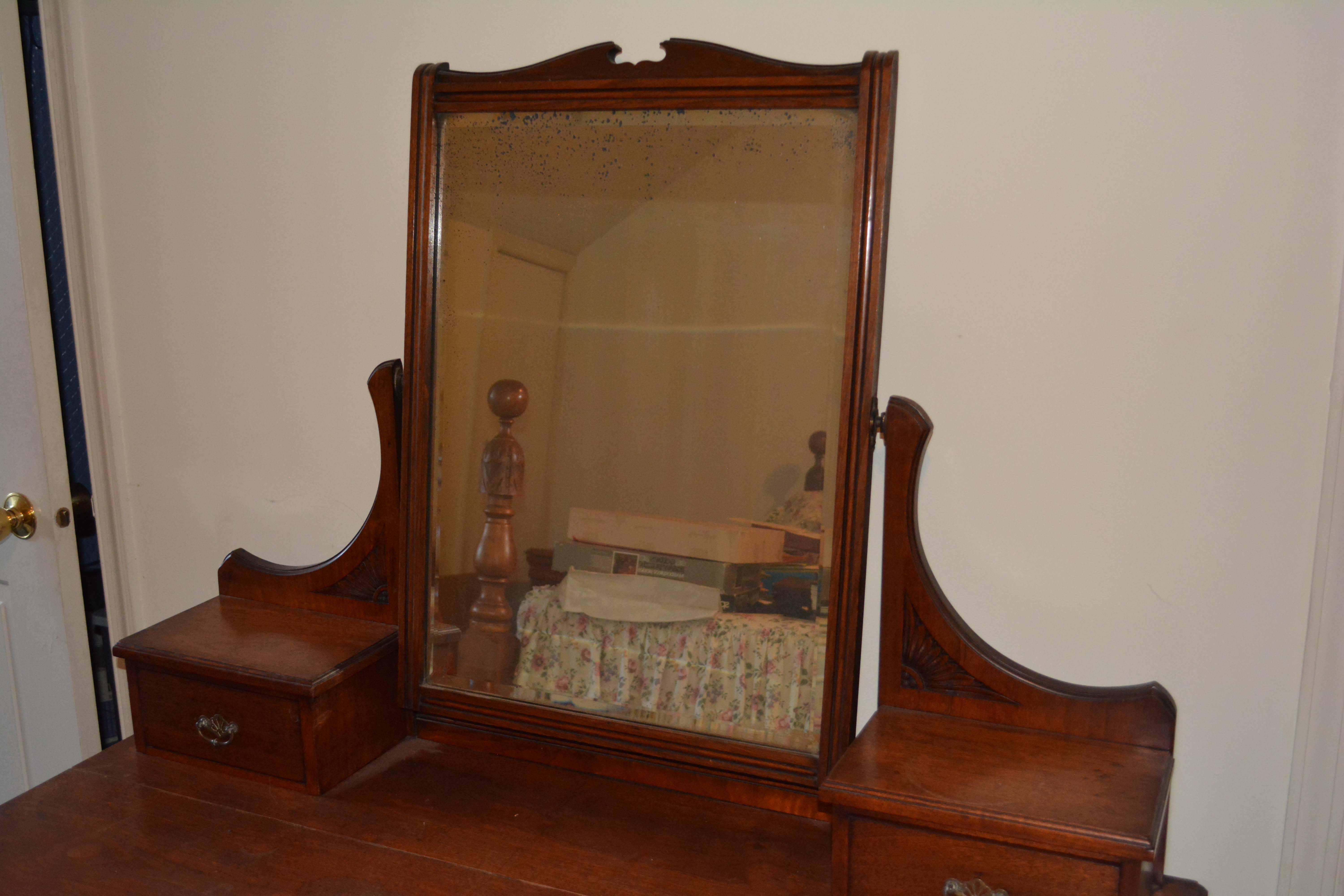 Antique English Victorian Walnut Dressing Table with Mirror and Stool