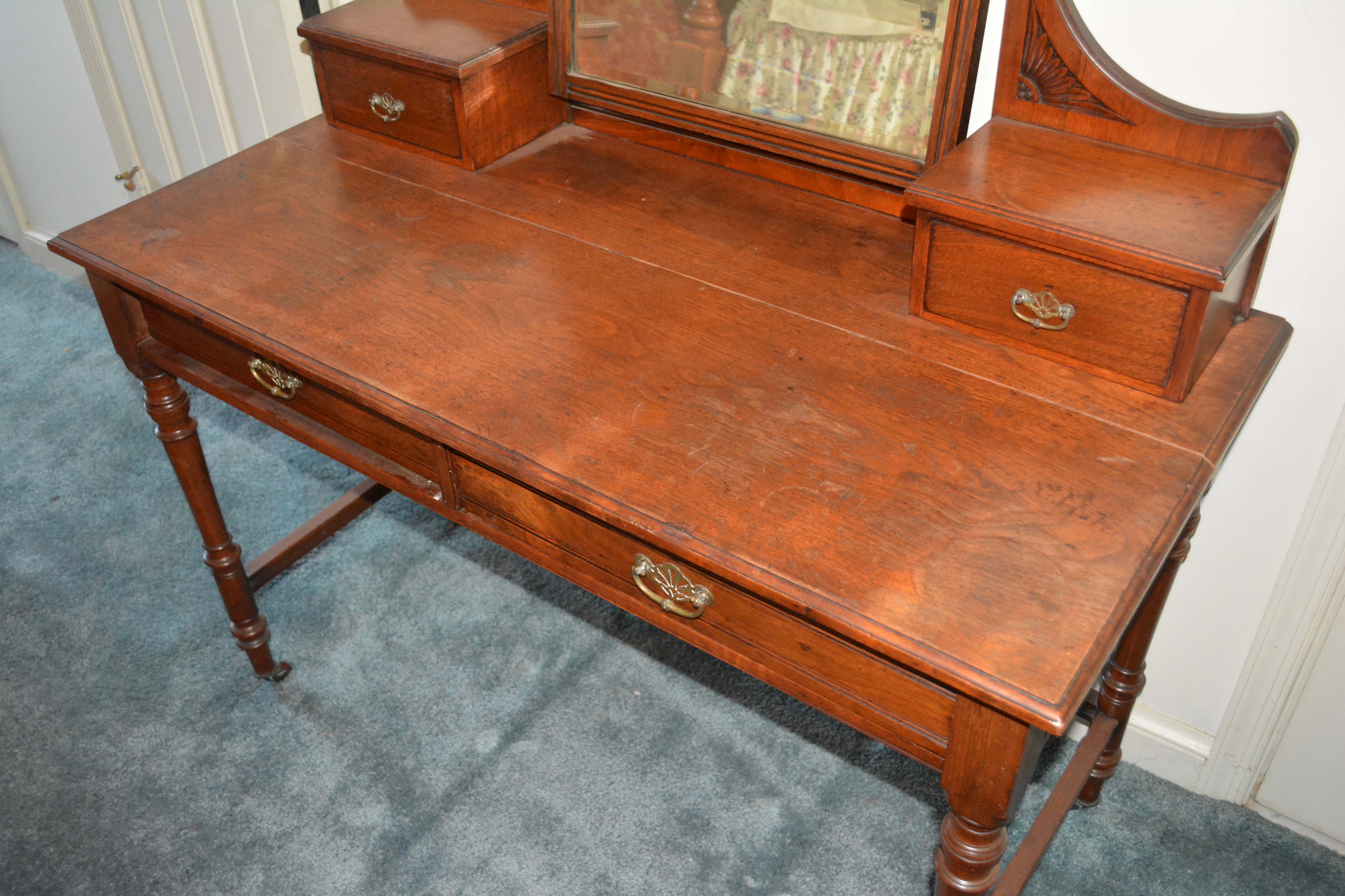 Antique English Victorian Walnut Dressing Table with Mirror and Stool