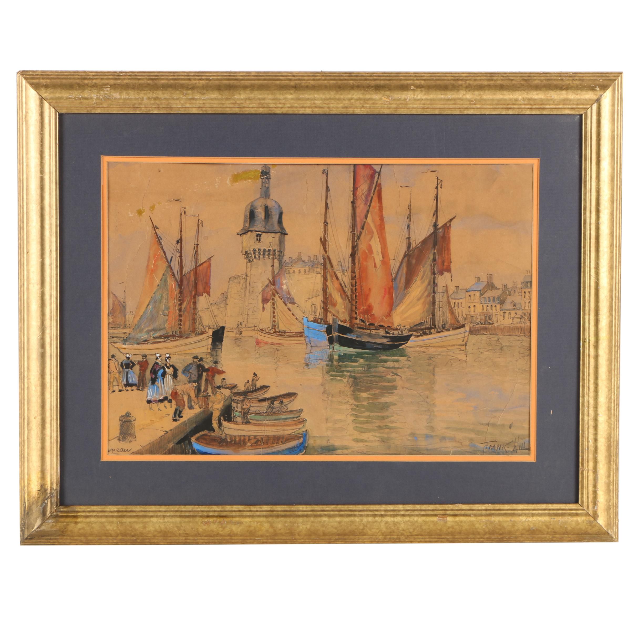 Frank-Will Watercolor, Ink and Gouache Painting on Paper "Concarneau"