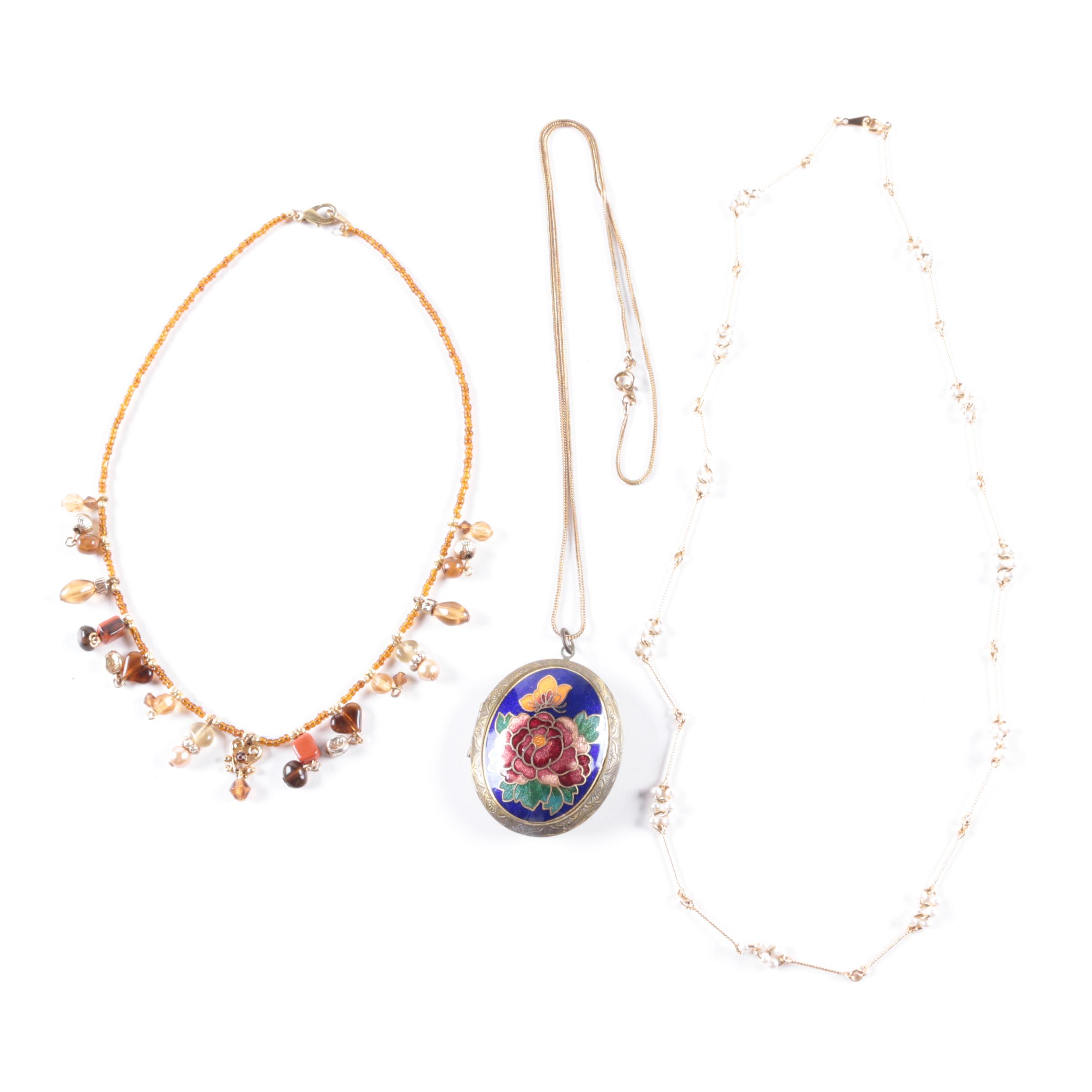 Cloisonne Locket and Other Costume Necklaces