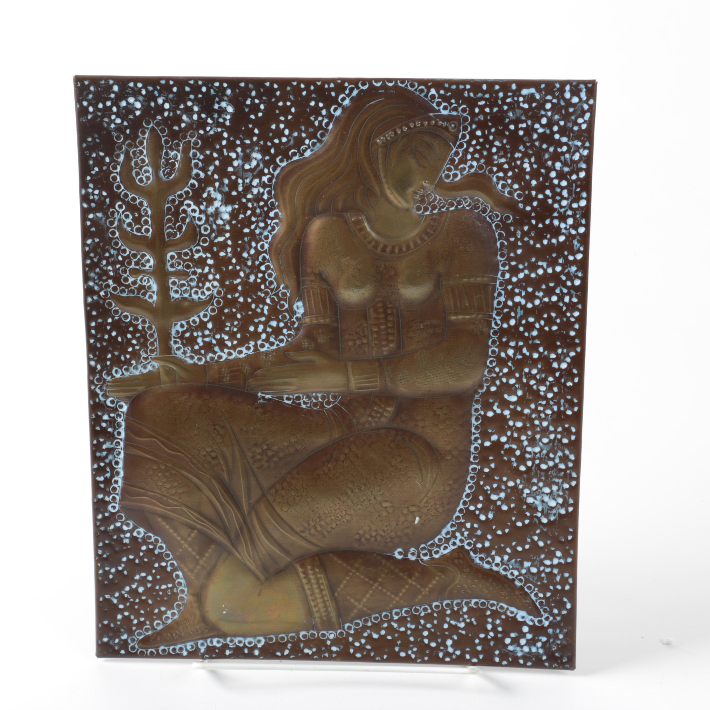 Russian Hammered Brass Wall Plaque of Female Figure