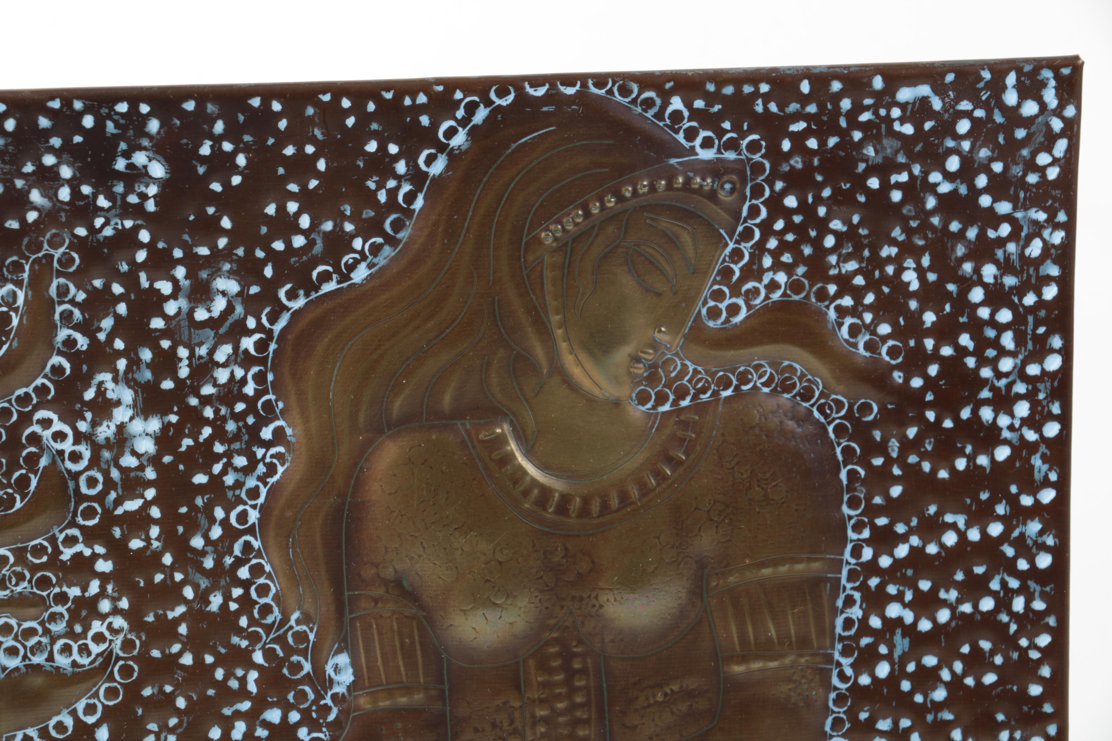 Russian Hammered Brass Wall Plaque of Female Figure