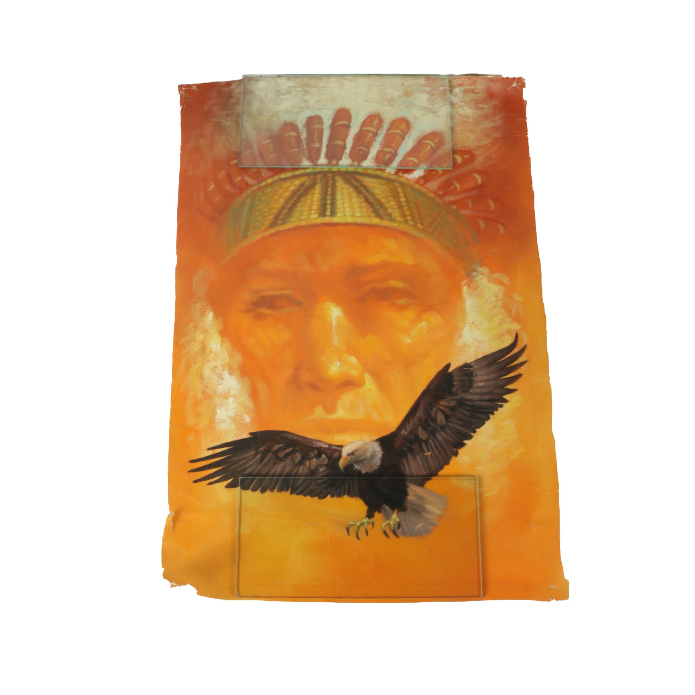 Mario Vargas Cuellar Oil Painting on Canvas of Native American Figure and Eagle