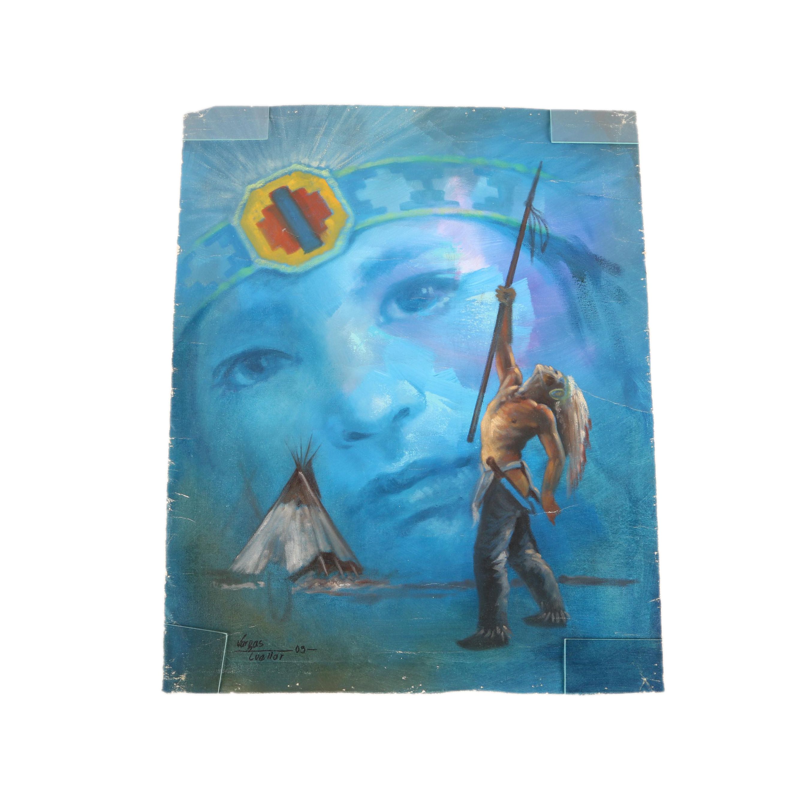 Mario Vargas Cuellar 2003 Oil Painting on Canvas of Native American Figure