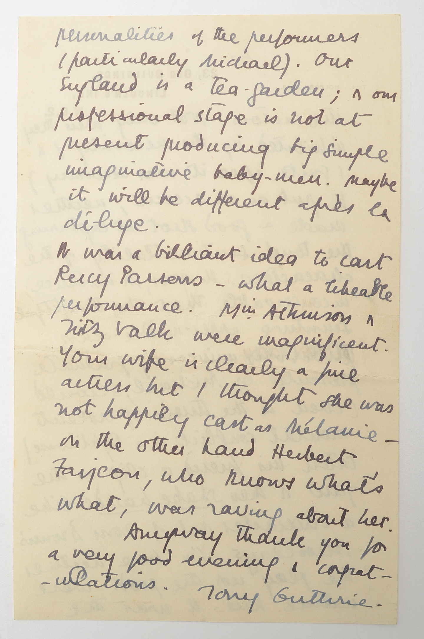 1940 Letter from Tyrone Guthrie to Herbert Marshall