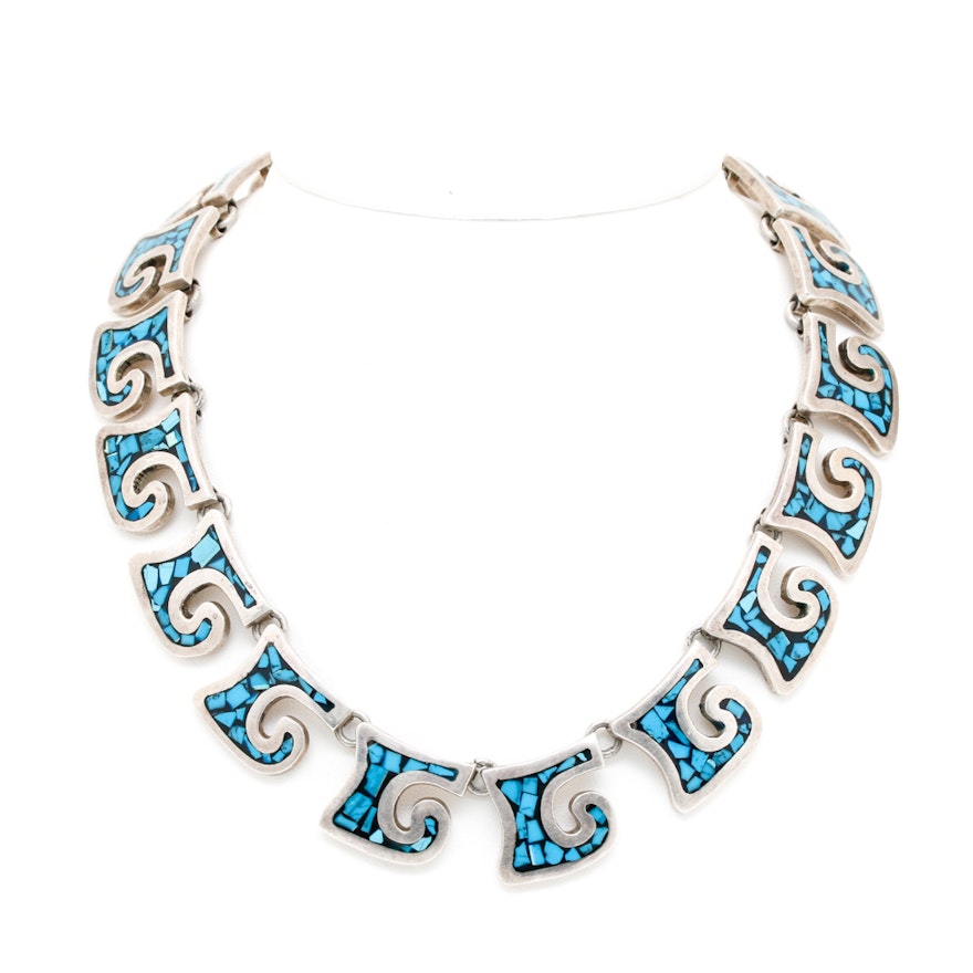 Taxco Sterling Silver Turquoise Inlay Necklace