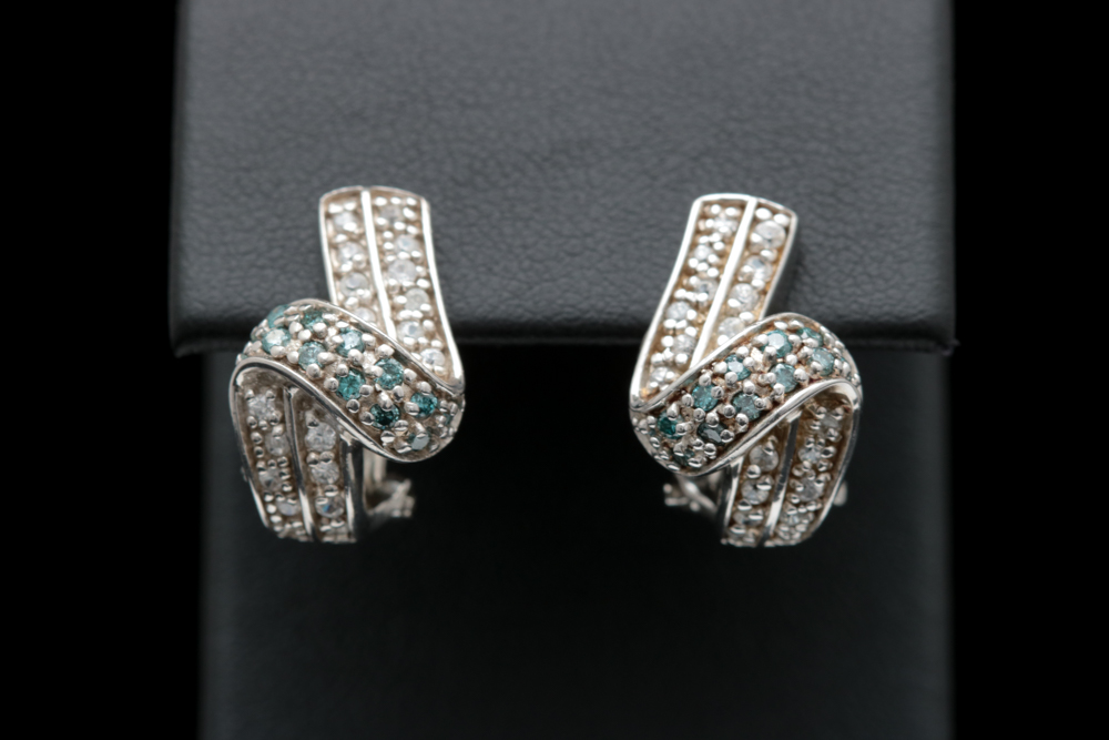 Sterling Silver, Irradiated Blue Diamond and White Zircon Earrings