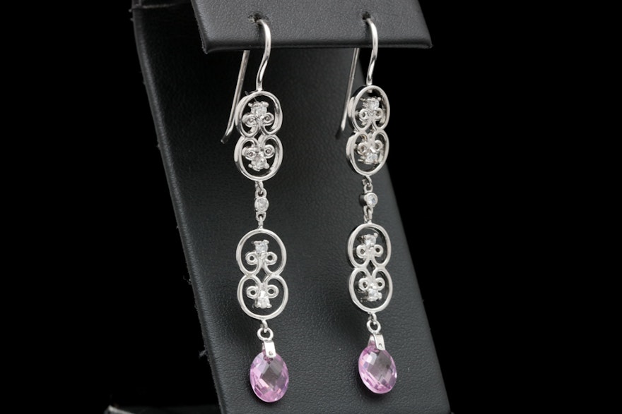 Sterling Silver, Created Pink Sapphire and Cubic Zirconia Dangle Earrings