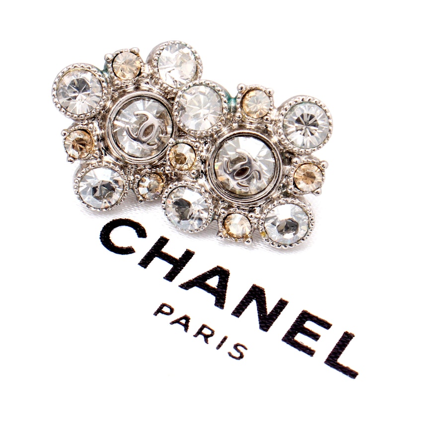 Chanel Silver Tone Rhinestone Earrings