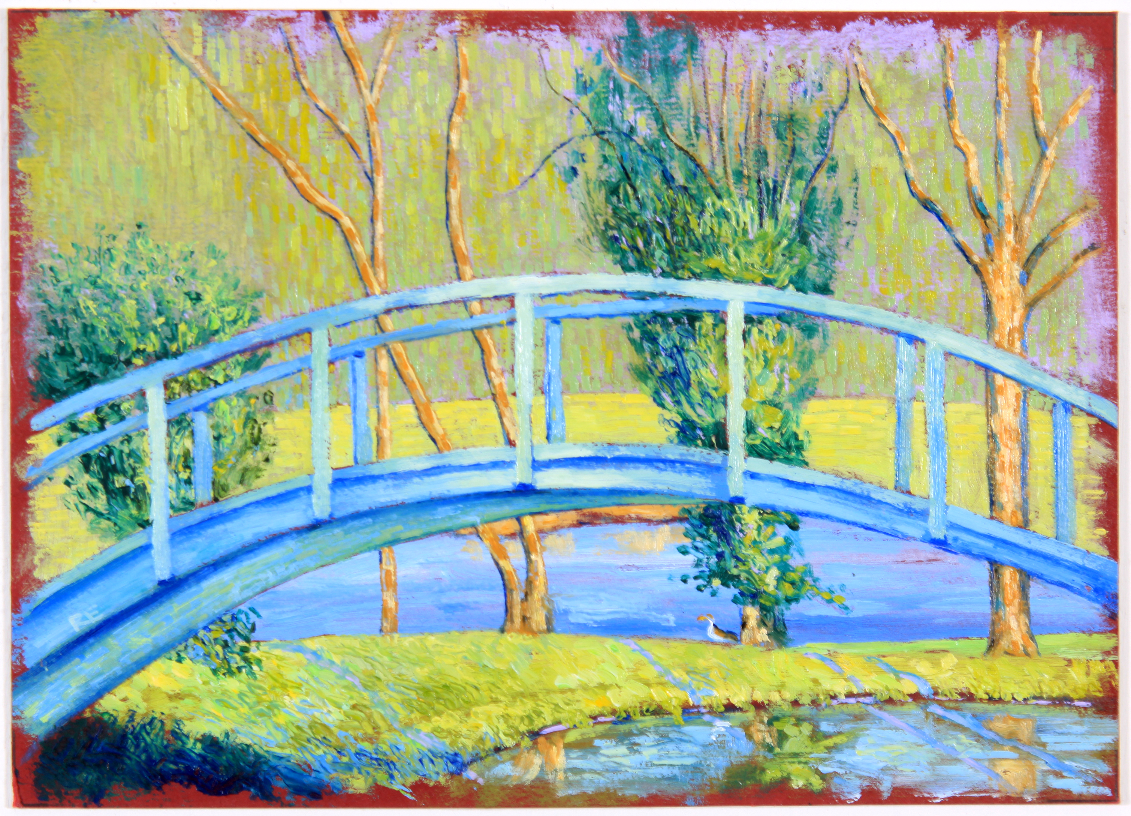 Ron Elkins Oil on Board "New Harmony Bridge"