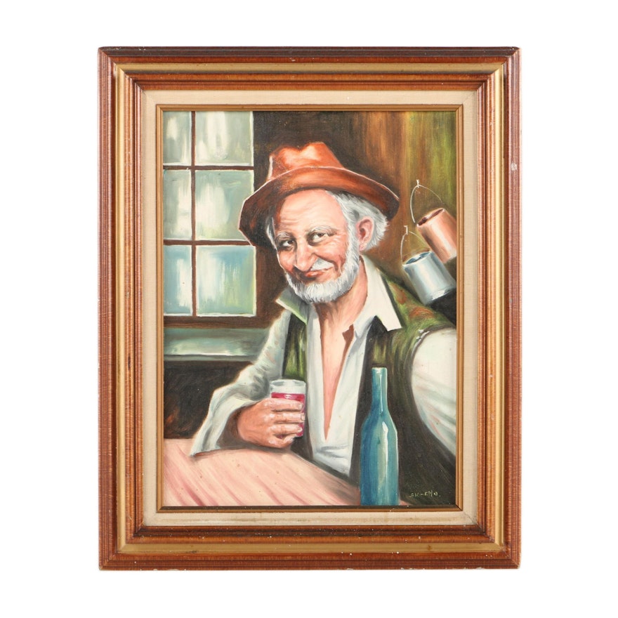 Oil Painting on Canvas Board of Elderly Man with Drink