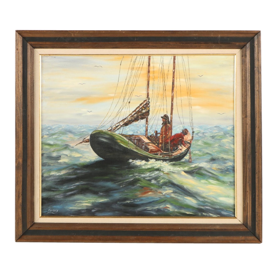 Madelene Johsh Vintage Oil Painting on Canvas Board of Sailors on a Boat