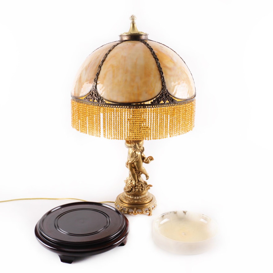 Gold Tone Figural Lamp with Beaded Shade