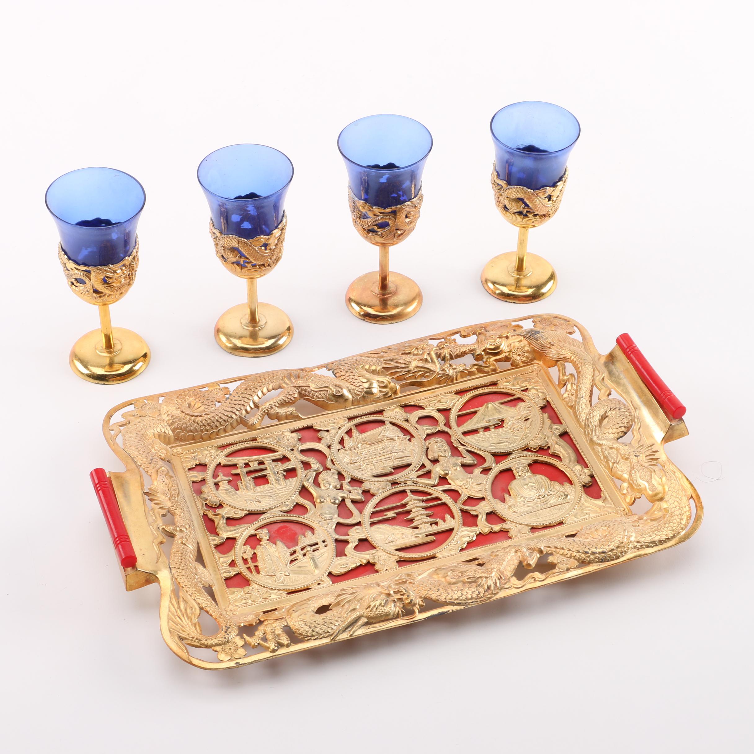 Vintage Japanese Metal and Glass Sake Set with Dragons