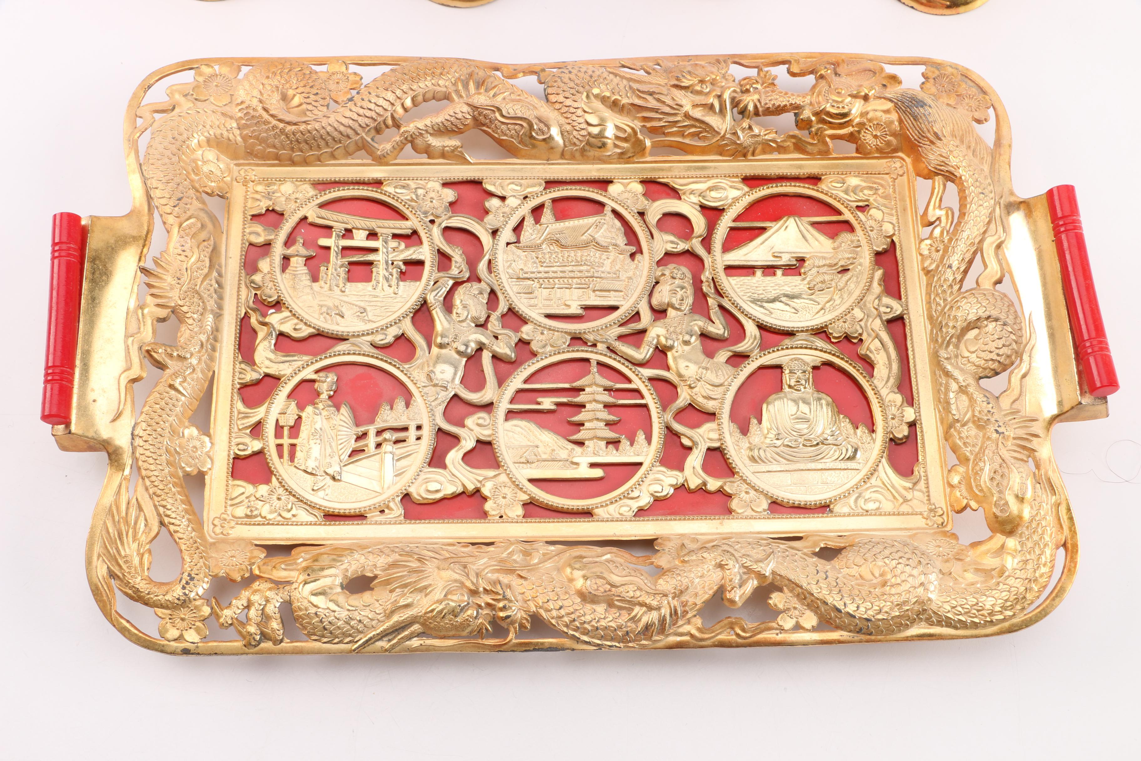 Vintage Japanese Metal and Glass Sake Set with Dragons