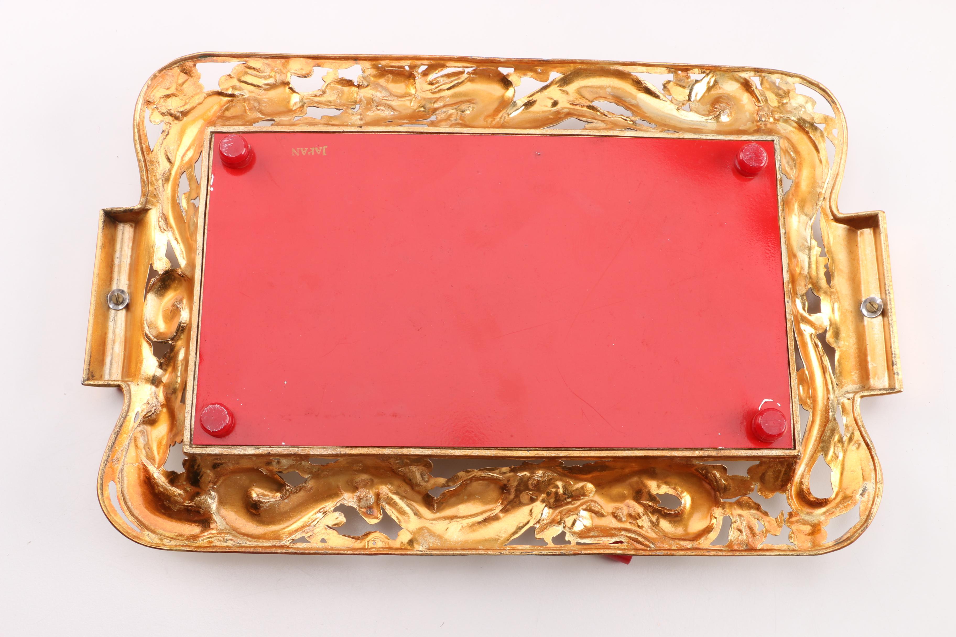 Vintage Japanese Metal and Glass Sake Set with Dragons