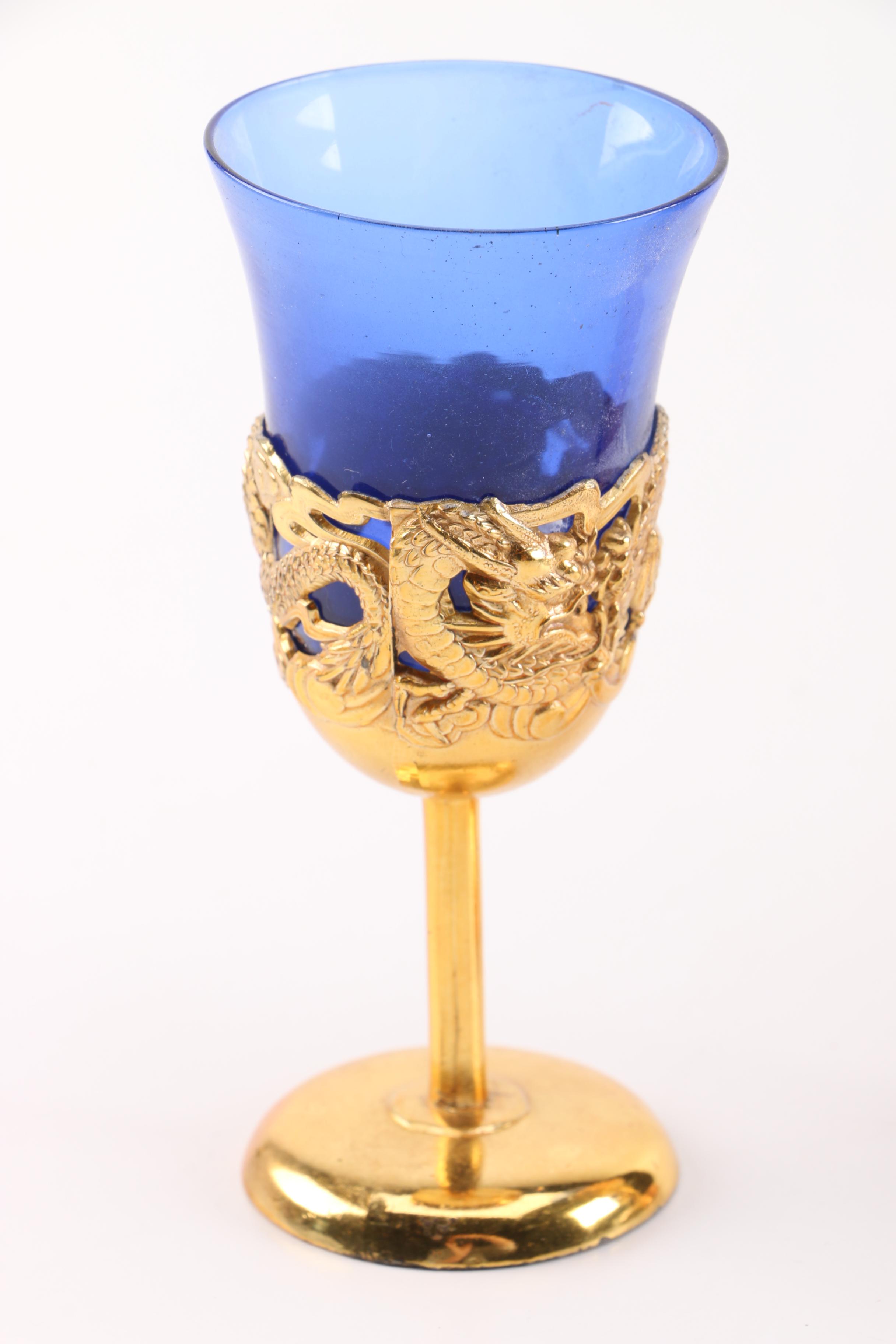 Vintage Japanese Metal and Glass Sake Set with Dragons