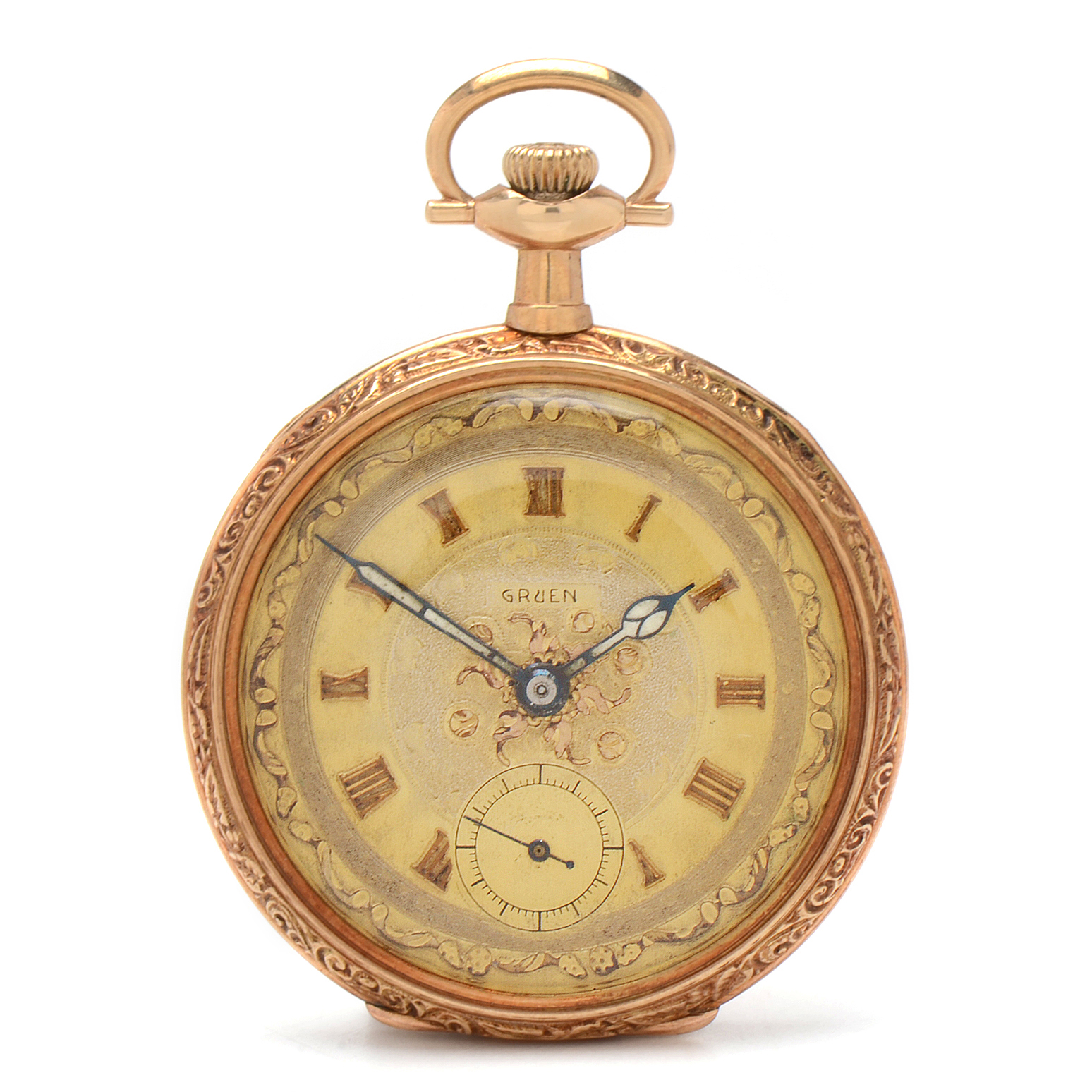 Vintage Gruen 14K Yellow Gold Open Faced Pocket Watch with Box