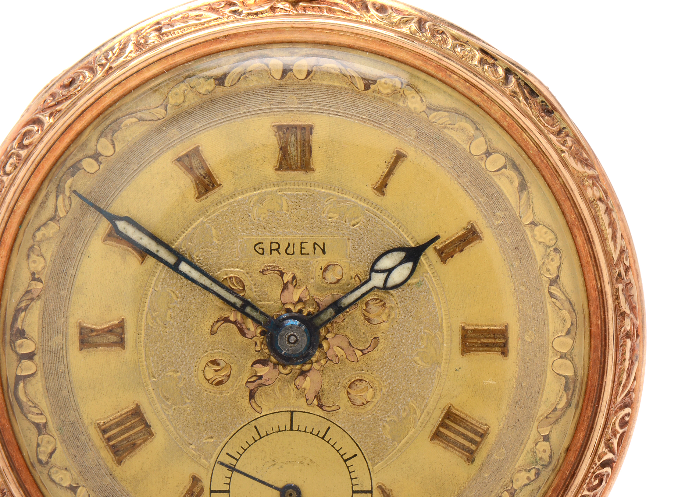 Vintage Gruen 14K Yellow Gold Open Faced Pocket Watch with Box