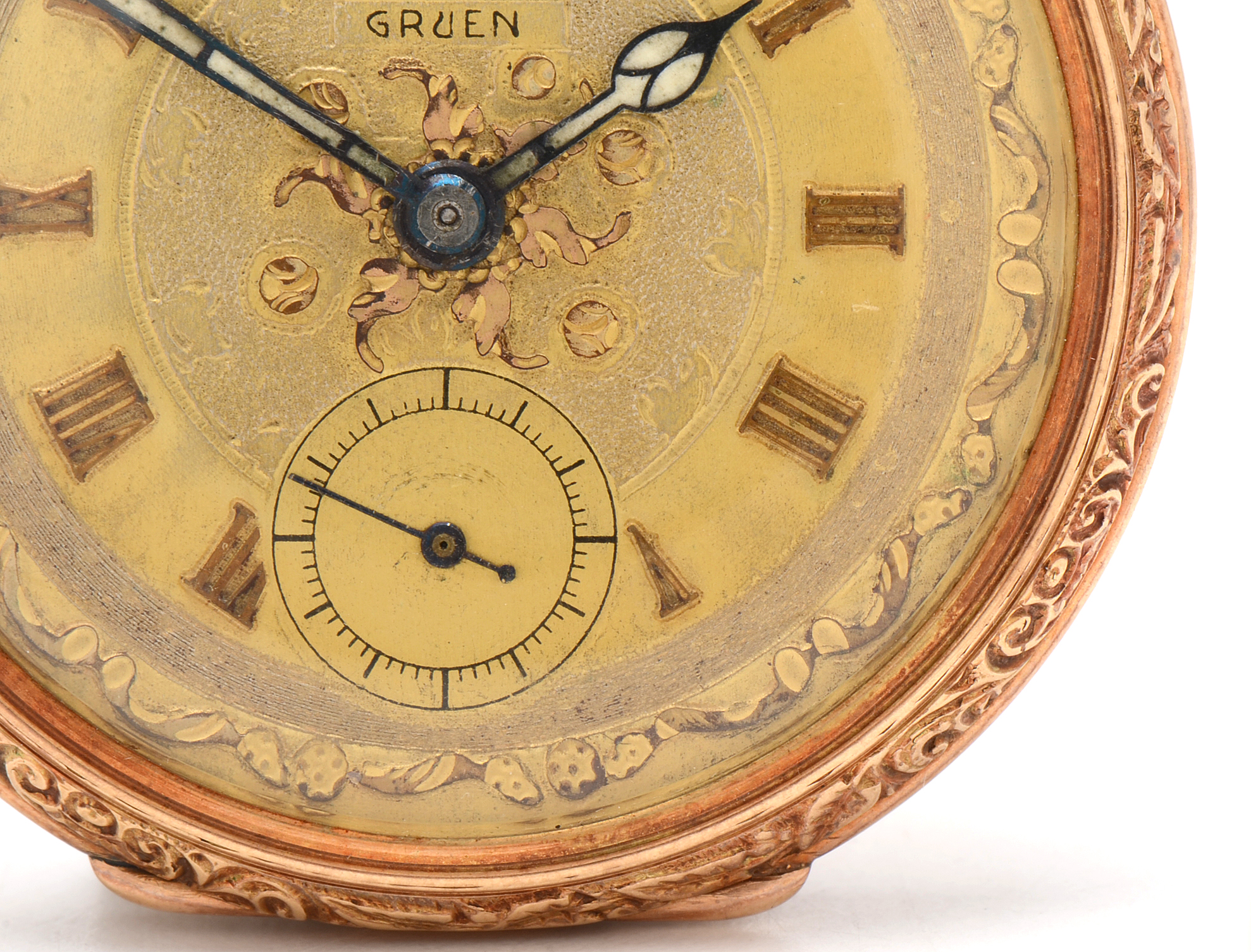 Vintage Gruen 14K Yellow Gold Open Faced Pocket Watch with Box