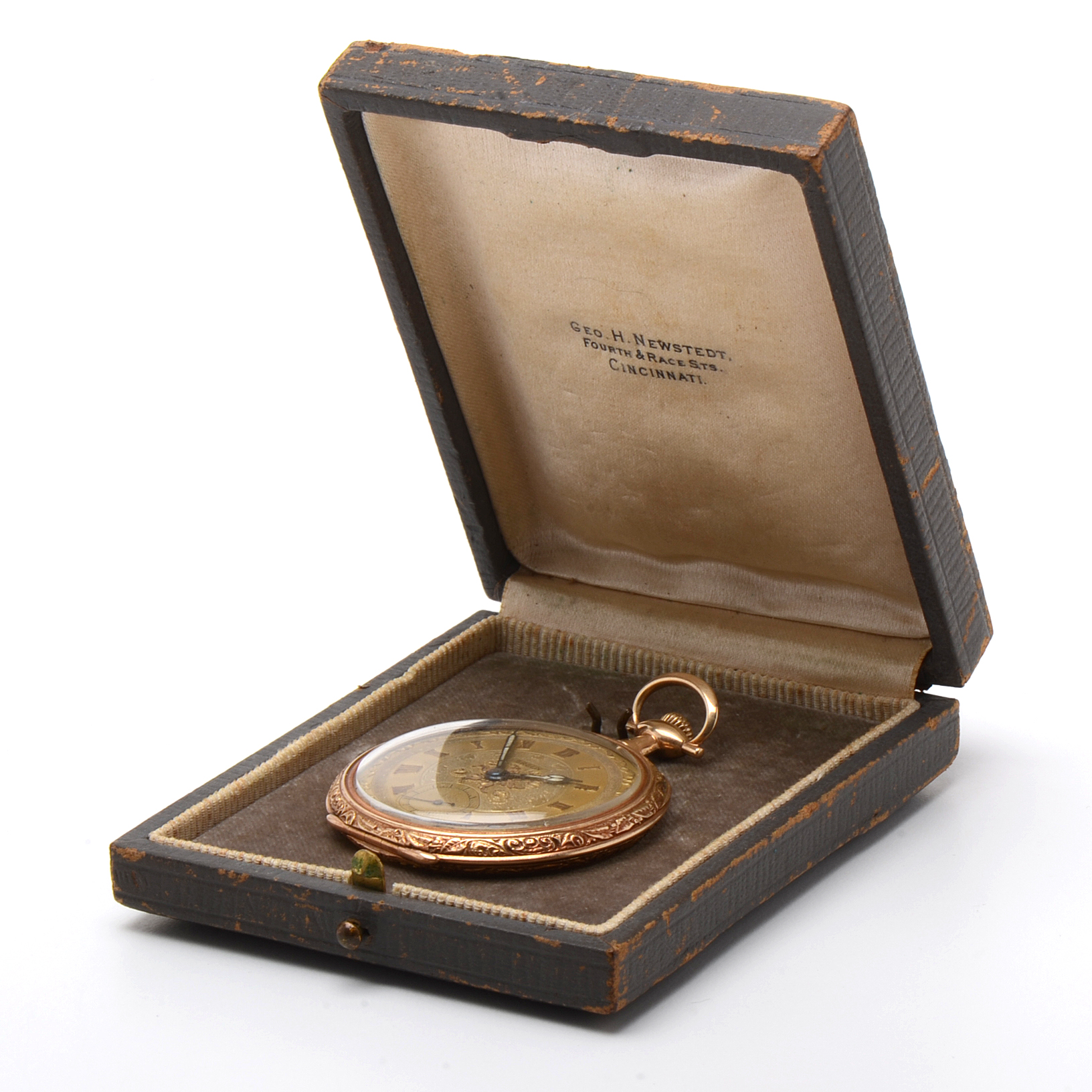 Vintage Gruen 14K Yellow Gold Open Faced Pocket Watch with Box