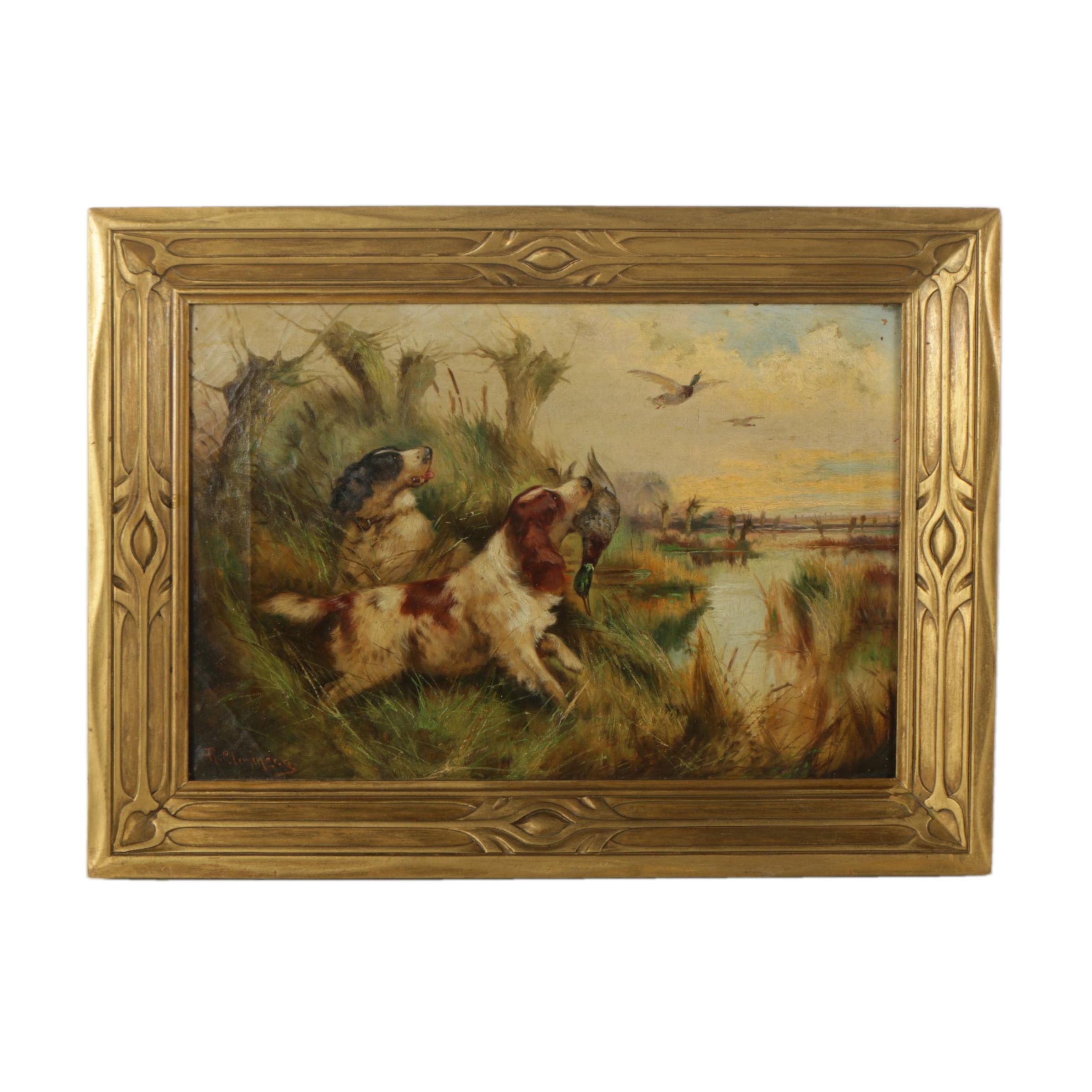 Oil Painting on Canvas of Hunting Dogs in the Manner of Robert Cleminson