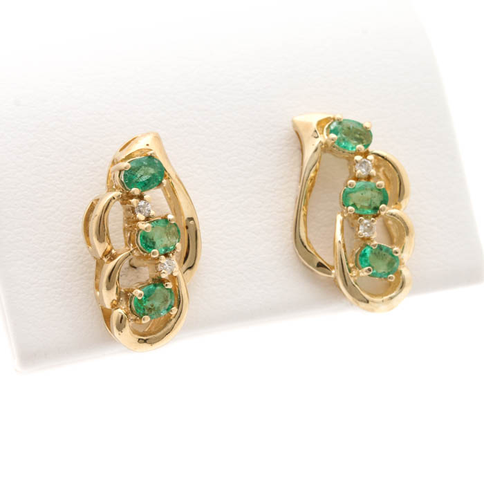 14K Yellow Gold Emerald and Diamond Earrings