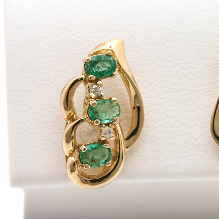14K Yellow Gold Emerald and Diamond Earrings