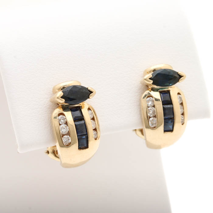 14K Yellow Gold Sapphire and Diamond Half Hoop Earrings