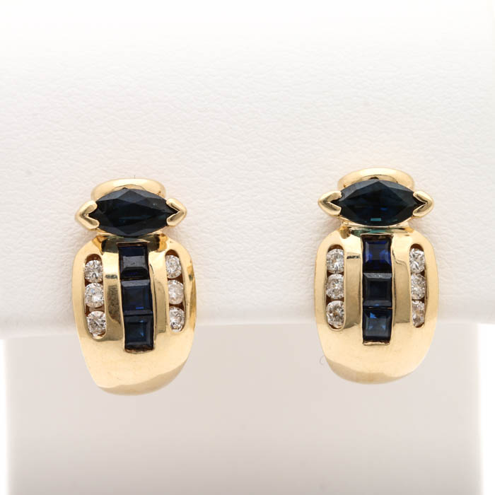14K Yellow Gold Sapphire and Diamond Half Hoop Earrings
