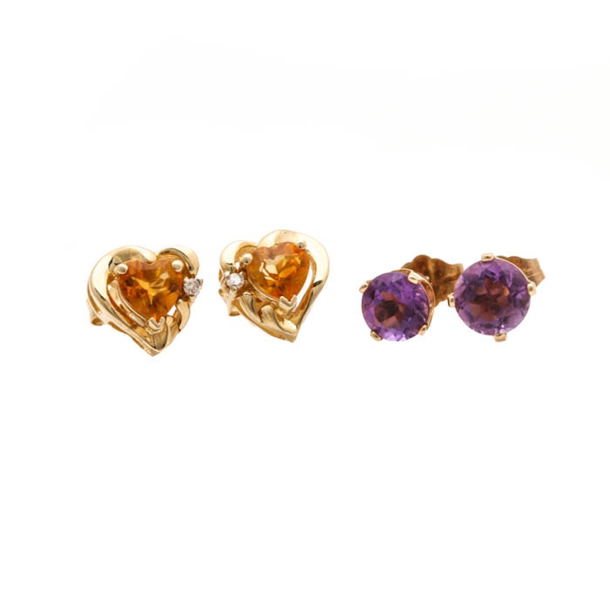 14K Yellow Gold Citrine, Diamond, and Amethyst Earring Selection