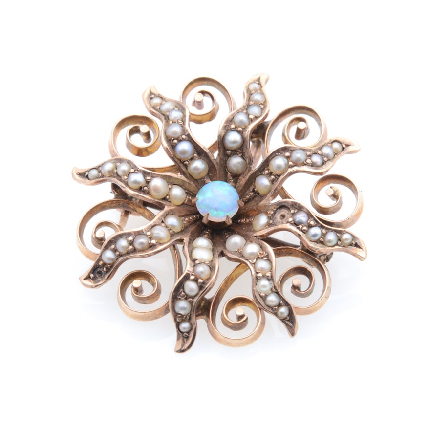 Early 20th Century 10K Yellow Gold Opal and Seed Pearl Pinwheel Pendant Brooch