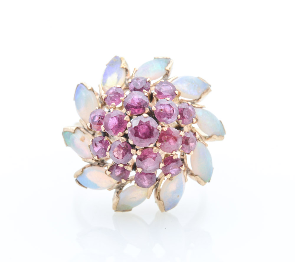 18K Yellow Gold Ruby and Opal Cocktail Ring