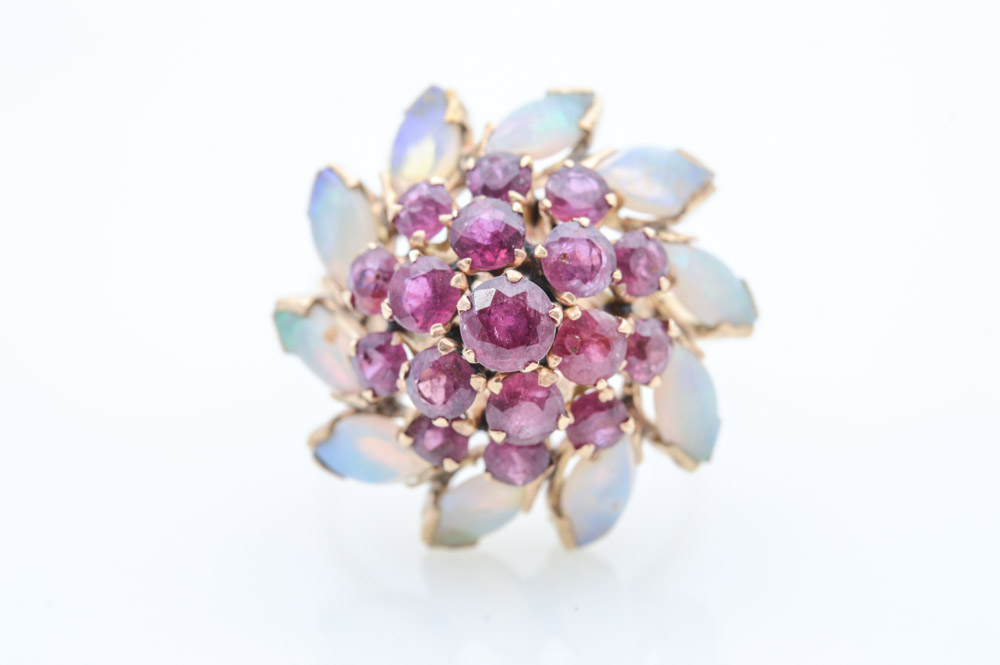 18K Yellow Gold Ruby and Opal Cocktail Ring