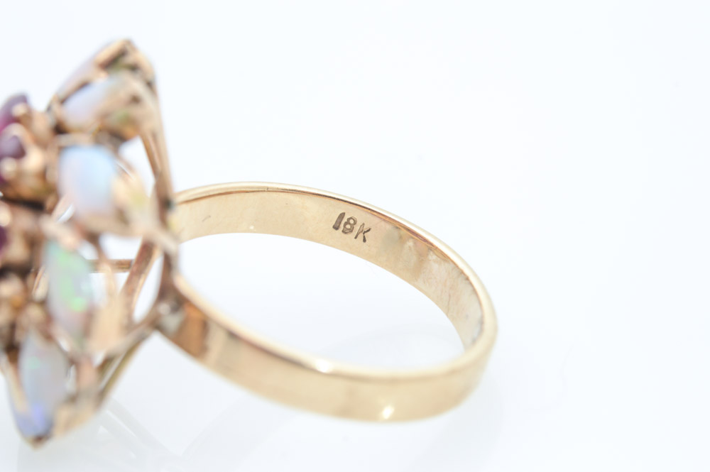 18K Yellow Gold Ruby and Opal Cocktail Ring