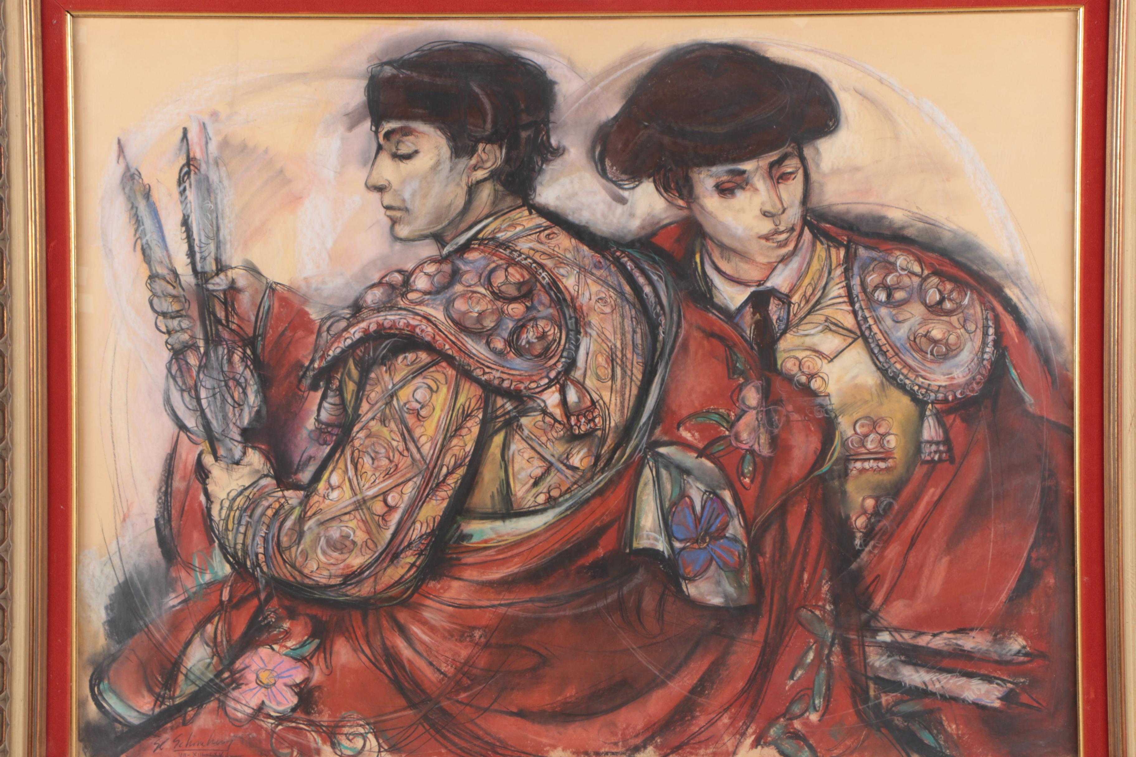 Sheldon C. Schoneberg Oil Pastel on Paper Drawing of Two Bullfighters